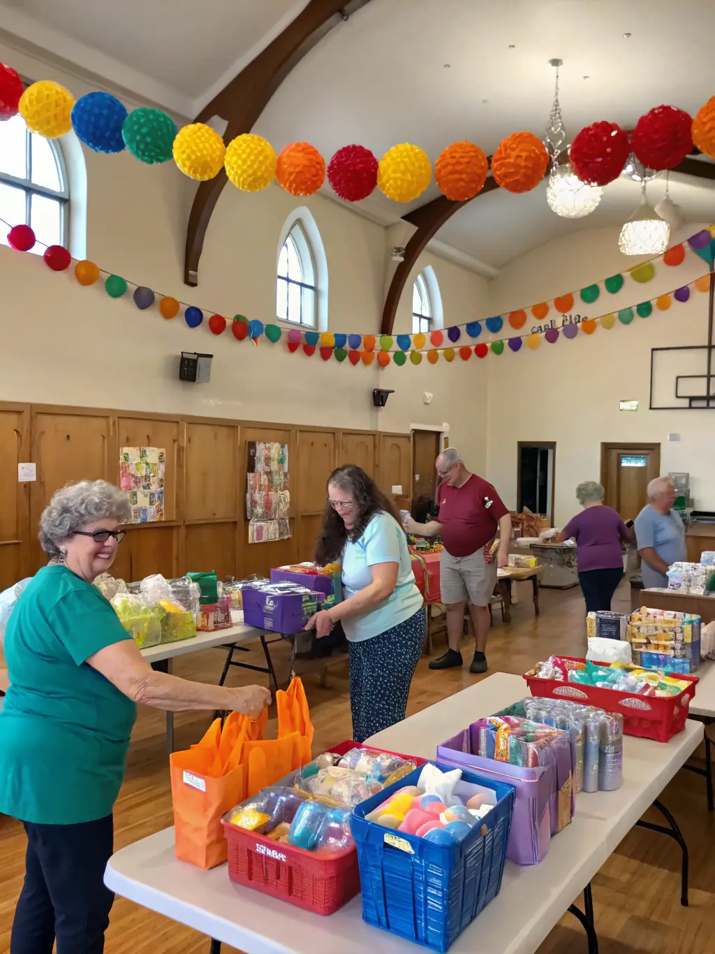 A dynamic shot of volunteers setting up decorations for a holiday event, illustrating the collaborative effort and dedication of COMITE DES FETES DE VENTOUSE in creating memorable experiences.