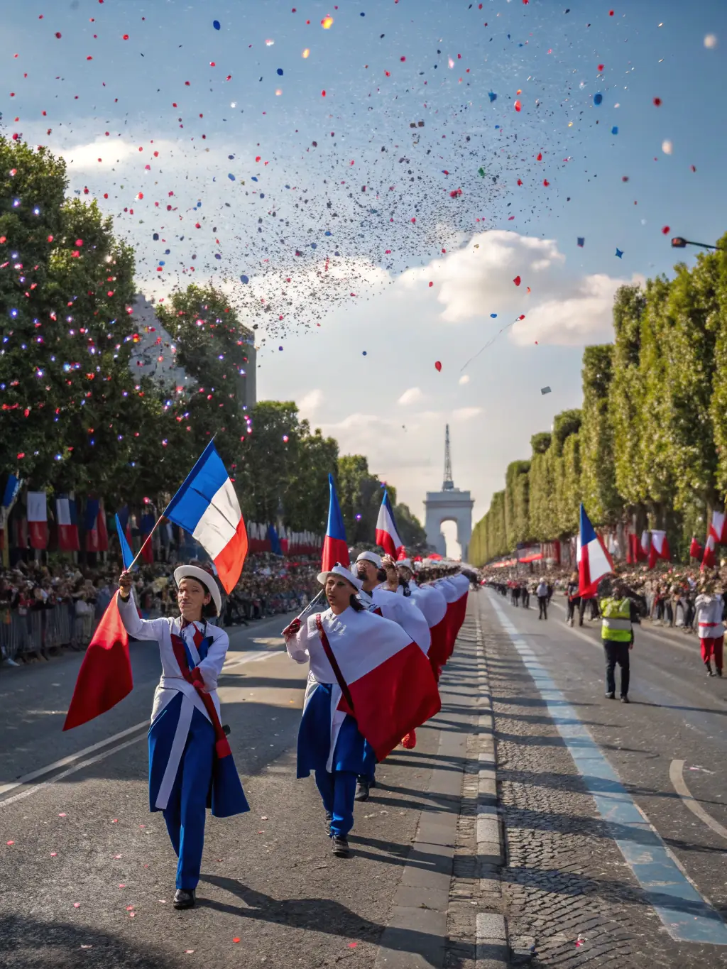 A dynamic shot of a Bastille Day celebration in Ventouse, featuring fireworks, a parade, and residents waving French flags, illustrating COMITE DES FETES DE VENTOUSE's role in commemorating national holidays.