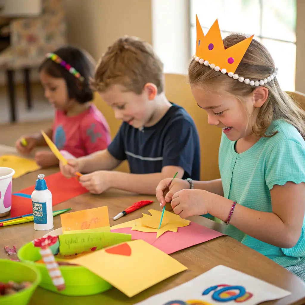 A group of children participating in an arts and crafts workshop, smiling and engaged in their projects.