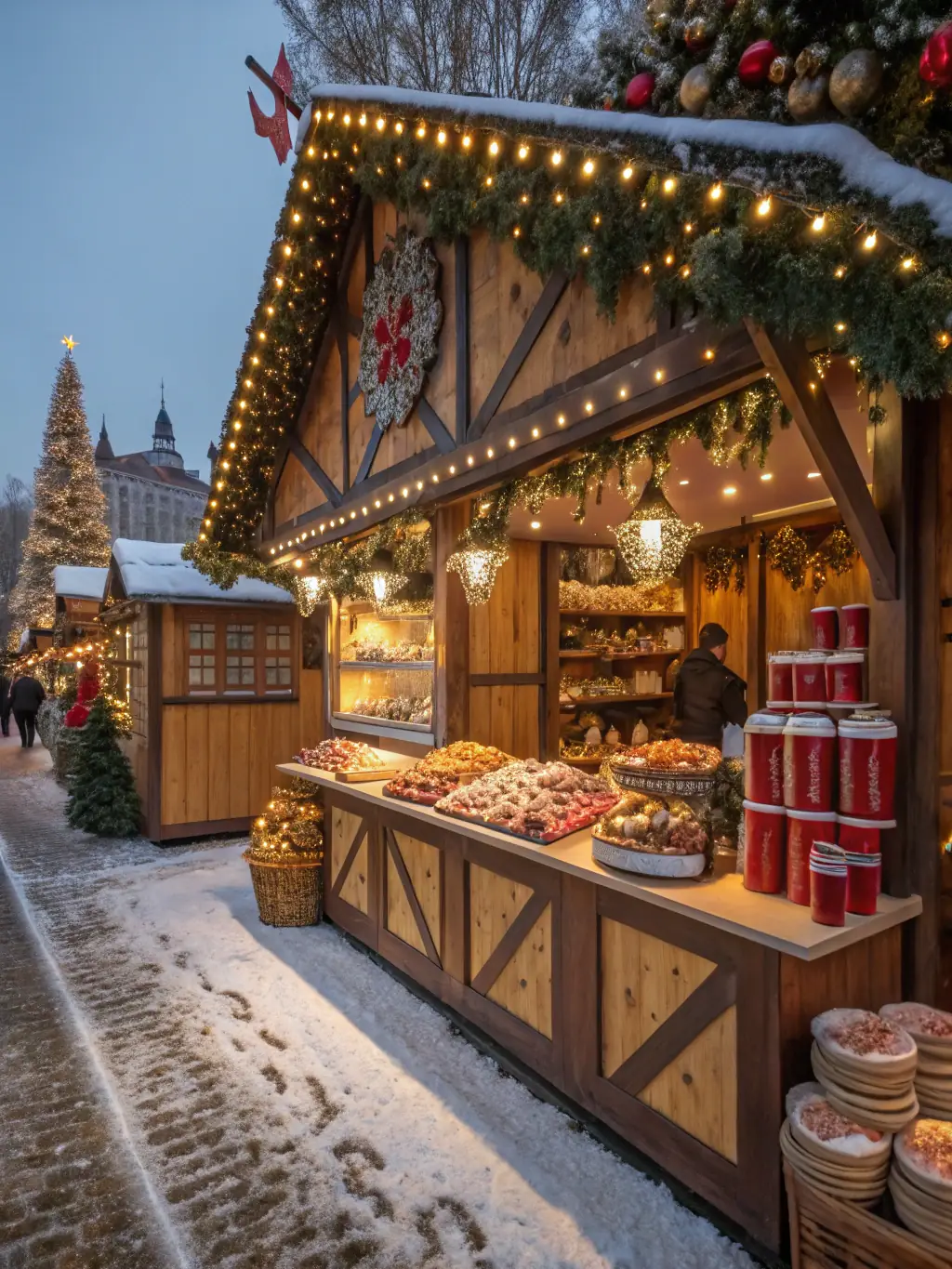 A cozy scene from a Christmas market organized by COMITE DES FETES DE VENTOUSE, with stalls selling local crafts, mulled wine, and festive treats, highlighting the organization's efforts to create a warm and welcoming atmosphere during the holiday season.